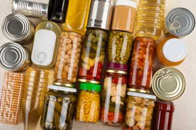 Emergency groceries food background flat lay