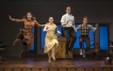 Lindsay Mendez, Katie Rose Clarke, Jonathan Groff and Daniel Radcliffe in "Merrily We Roll Along" at New York Theatre Workshop