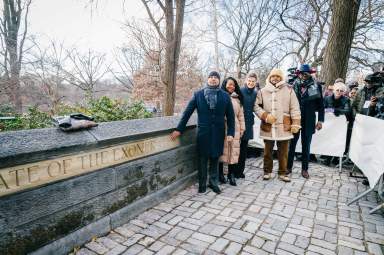 Members of the Exonerated Five, Raymond Santana, Kevin Richardson, Yusef Salaam, and Cicely Harris, Chair of Community Board 10, and Betsy Smith, President and CEO of the Central Park Conservancy, at the Gate of the Exonerated.