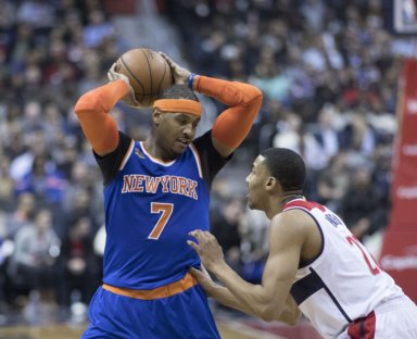 Carmelo Anthony controls the ball as a member of the Knicks in 2017. He is not in the cards to replace Obi Toppin.