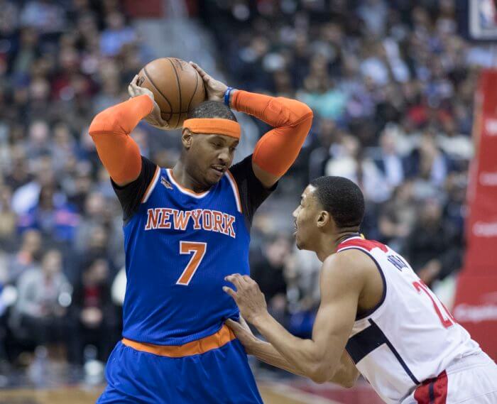 Carmelo Anthony controls the ball as a member of the Knicks in 2017. He is not in the cards to replace Obi Toppin.