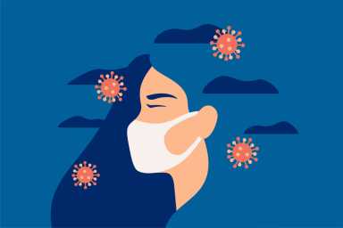 Woman wearing a face protective mask in the Covid-19 pandemic feels anxiety and suffers from pressure. Girl in depression with gloomy thoughts breaths through a mask.