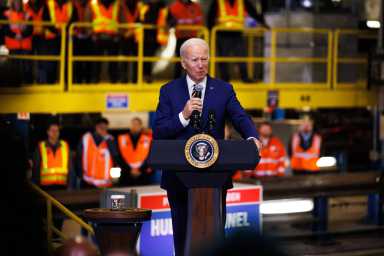 President Joe Biden speaks during a news conference at the Hudson yards rail yard in Manhattan on Tuesday, Jan. 31, 2023. President Joe Biden spoke on the Bipartisan Infrastructure Law funding the Hudson River Project.