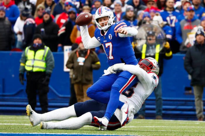 Buffalo Bills Josh Allen gets sacked against the Patriots