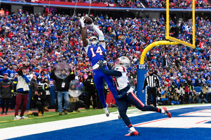 Stefon Diggs of the Bills skies to try and pull in a touchdown