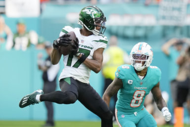 Jets wide receiver Garrett Wilson grabs a pass in front of Dolphins safety Jevon Holland.