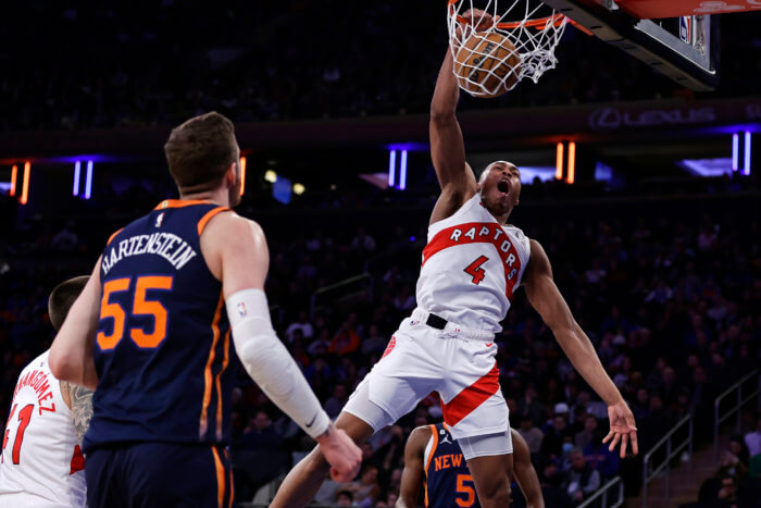 Scottie Barnes dunks against the Knicks