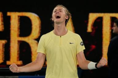 American Sebastian Korda celebrates his victory over Daniil Medvedev