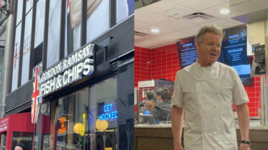 A side by side of the exterior of the Times Square Gordon Ramsay Fish & Chips (left) and Gordon Ramsay (right)