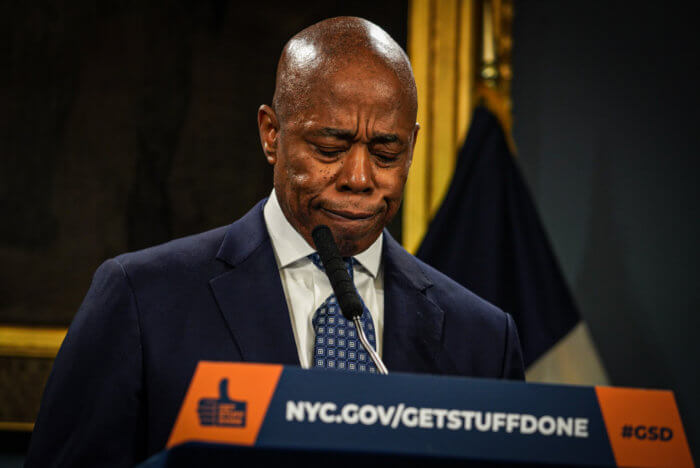 A close up of Mayor Eric Adams lamenting the death of a a teen who was train surfing in Brooklyn.