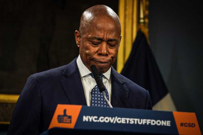 A close up of Mayor Eric Adams lamenting the death of a a teen who was train surfing in Brooklyn.