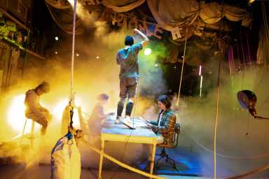 Esco Jouléy, Nicole Villamil, Mitchell Winter, and Christopher Bannow in the 2023 Production of WOLF PLAY at MCC Theater – Photo by Julieta Cervantes