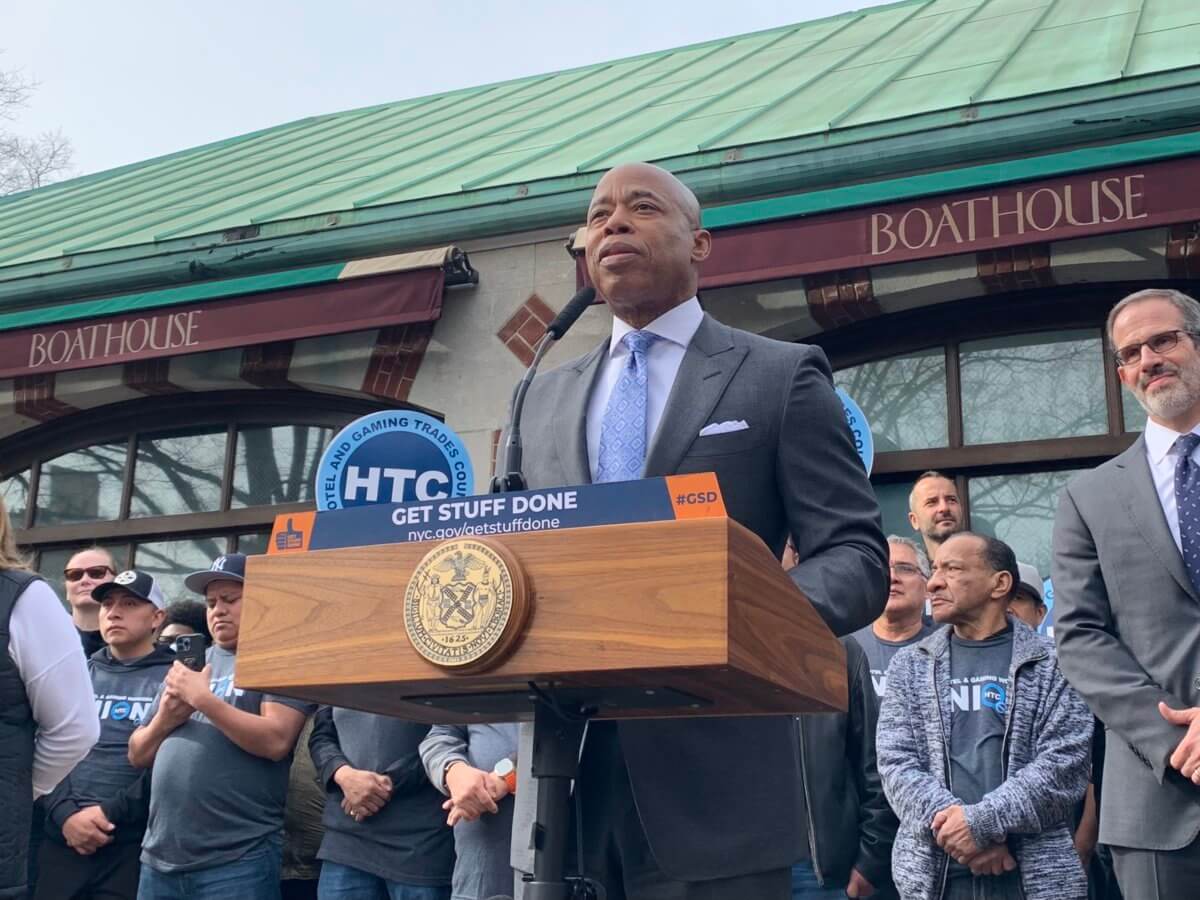 Mayor Eric Adams outside of the reopening of the Loeb Boathouse in Central Park.
