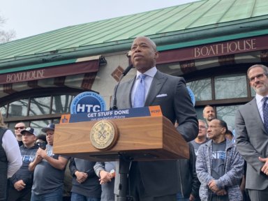 Mayor Eric Adams outside of the reopening of the Loeb Boathouse in Central Park.