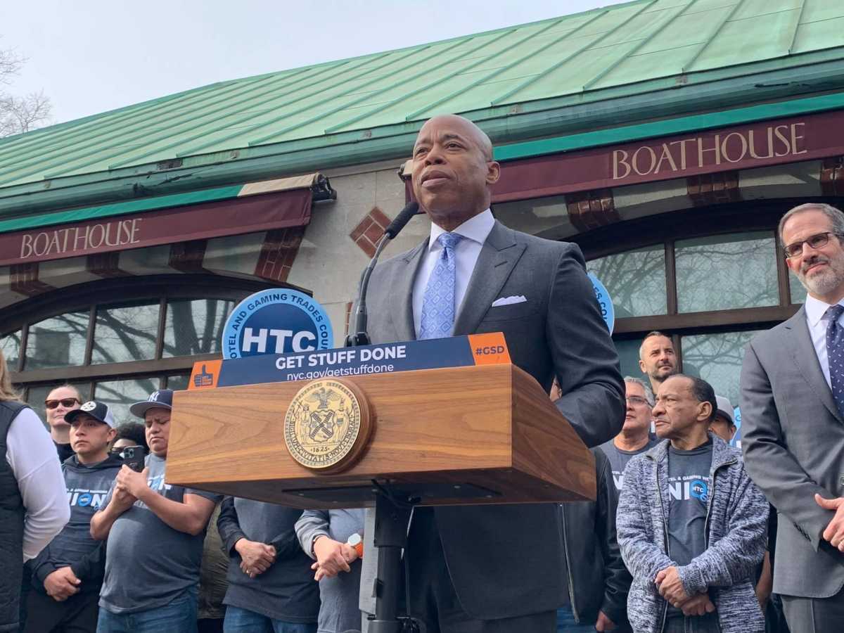 Mayor Eric Adams outside of the reopening of the Loeb Boathouse in Central Park.