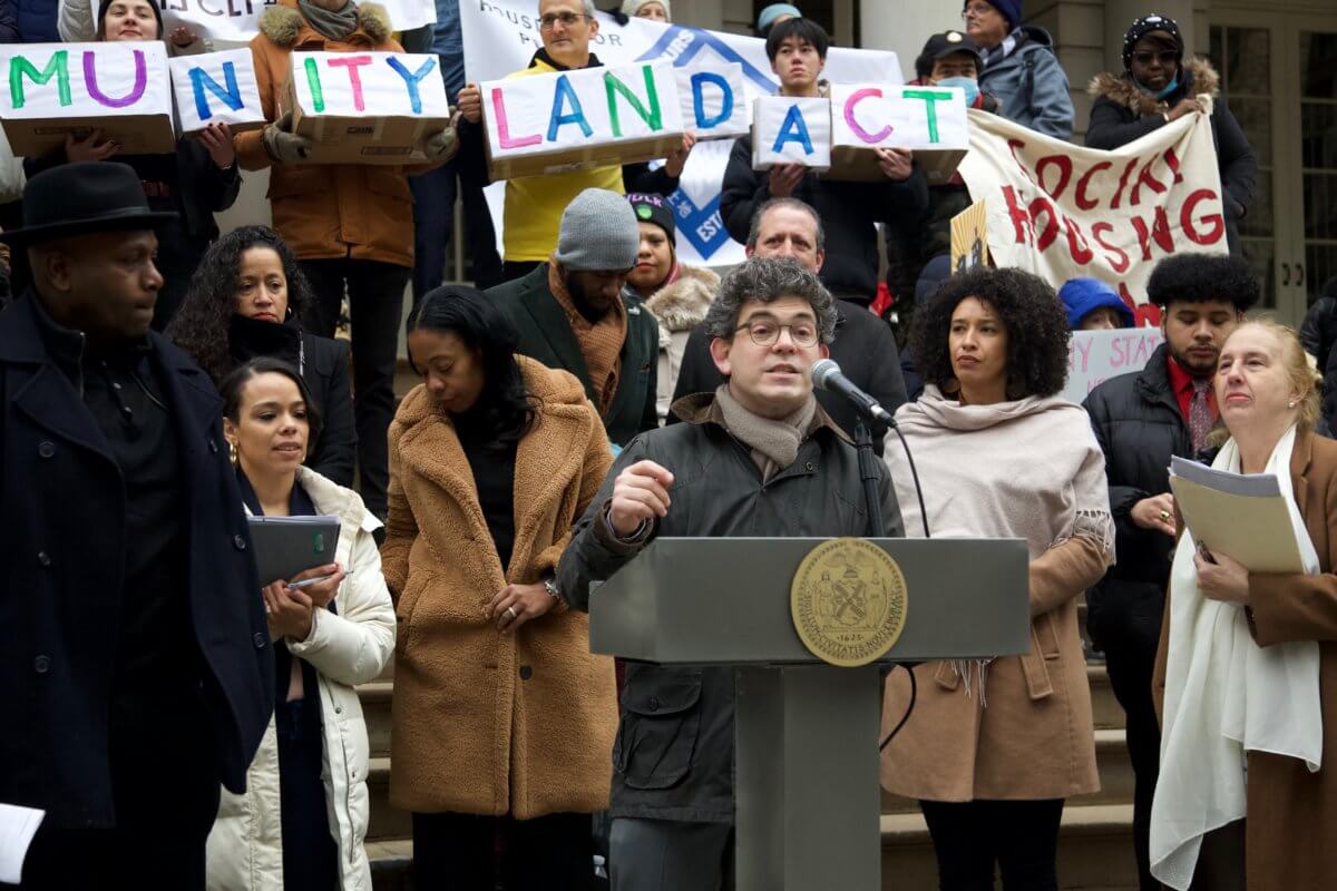 Progressive pols rally at City Hall for nonprofit housing purchases