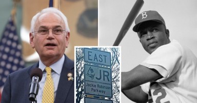 Queens-Council-Member-Robert-Holden-has-slammed-the-DOT-after-the-agency-misspelled-the-name-of-baseball-legend-Jackie-Robinson-on-a-road-sign-iPhotos-Robert-Holden-via-Facebook-L-DOT-C-and-Wikipedia-R
