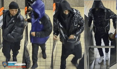 Cops are looking for these four men in connection to an alleged stabbing during a fight on a subway platform