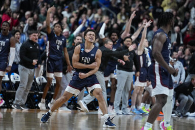 Fairleigh Dickinson celebrates a win over Purdue