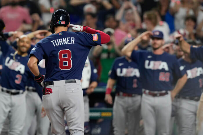 Trea Turner hits a home run during the World Baseball Classic