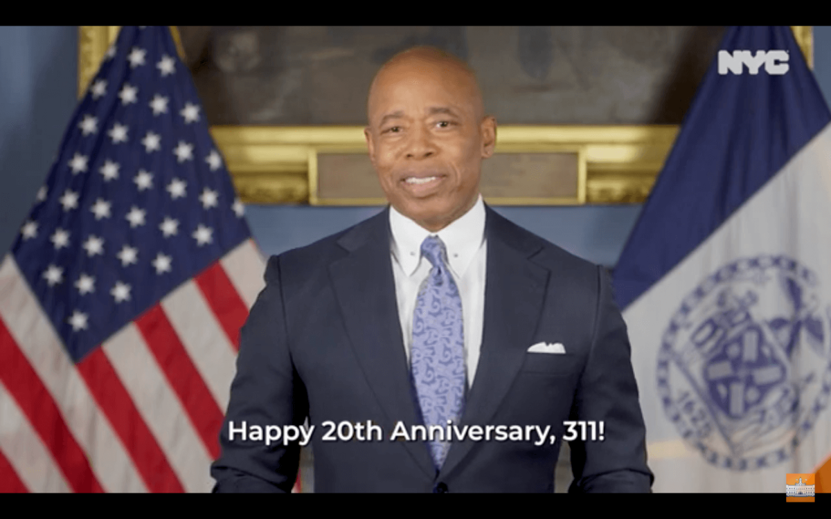 A screenshot of Mayor Eric Adams in a video he recorded to accompany a report his office released on the 20th Anniversary of the 311 service