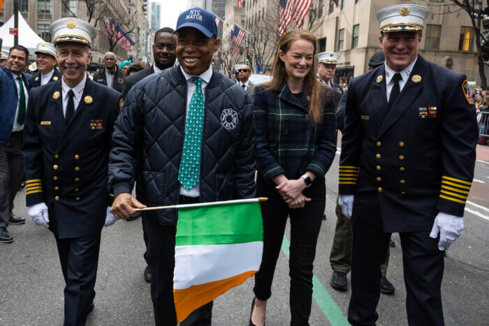 Mayor Eric Adams with Fire Commissioner Laura Kavanagh and FDNY officials