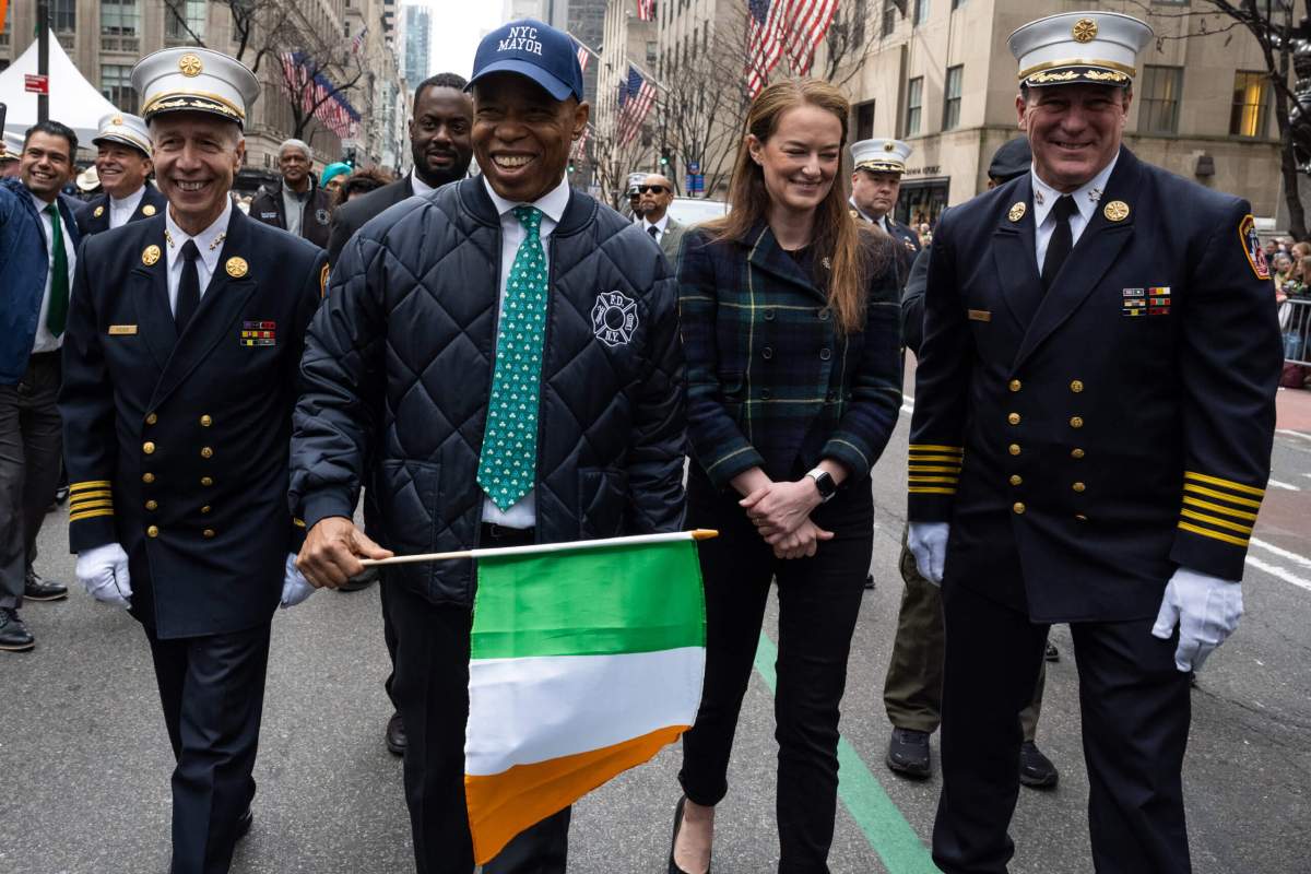 FDNY Chief Pfeiffer, Mayor Eric Adams, FDNY Commissioner Laura Kavanagh, and FDNY Chief Hodgens march in the St. Patrick's Day Parade.