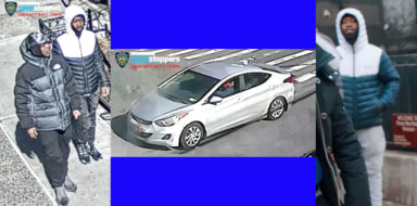 Surveillance footage shows two suspects and the car from a Valentine's Day shooting in Brooklyn.