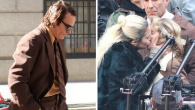 Joaquin Phoenix (l) and Lady Gaga (r) on the set of Joker 2 Sunday (Photos by Michael Dorgan)