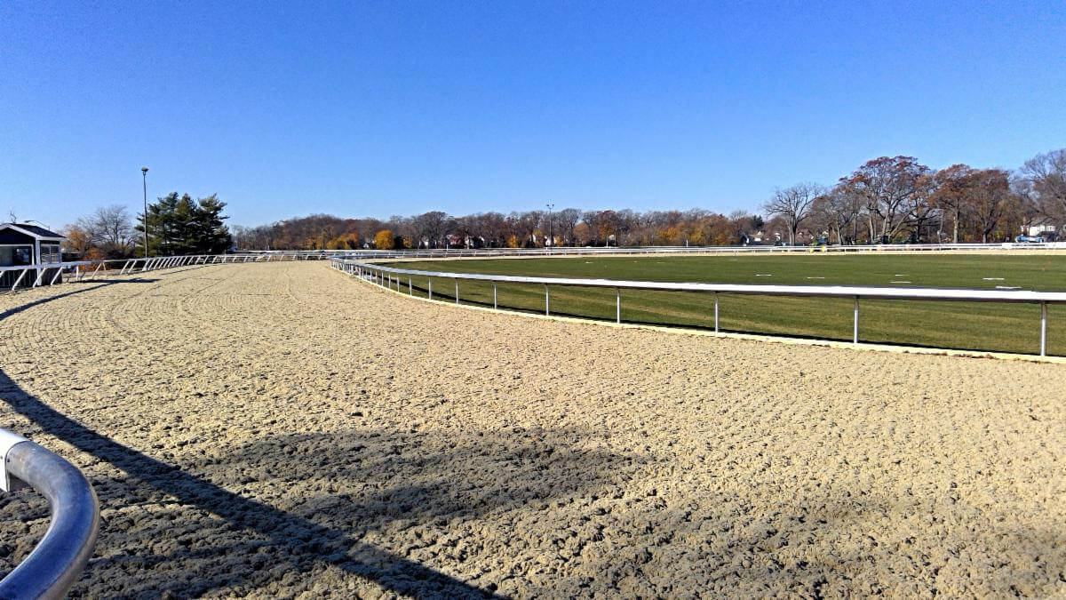 Synthetic oval racing surface at Belmont Park
