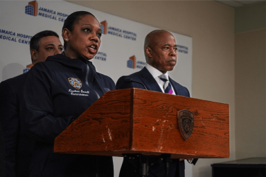 Police Commissioner Keechant Sewell and Mayor Eric Adams respond after a Queens police officer was shot