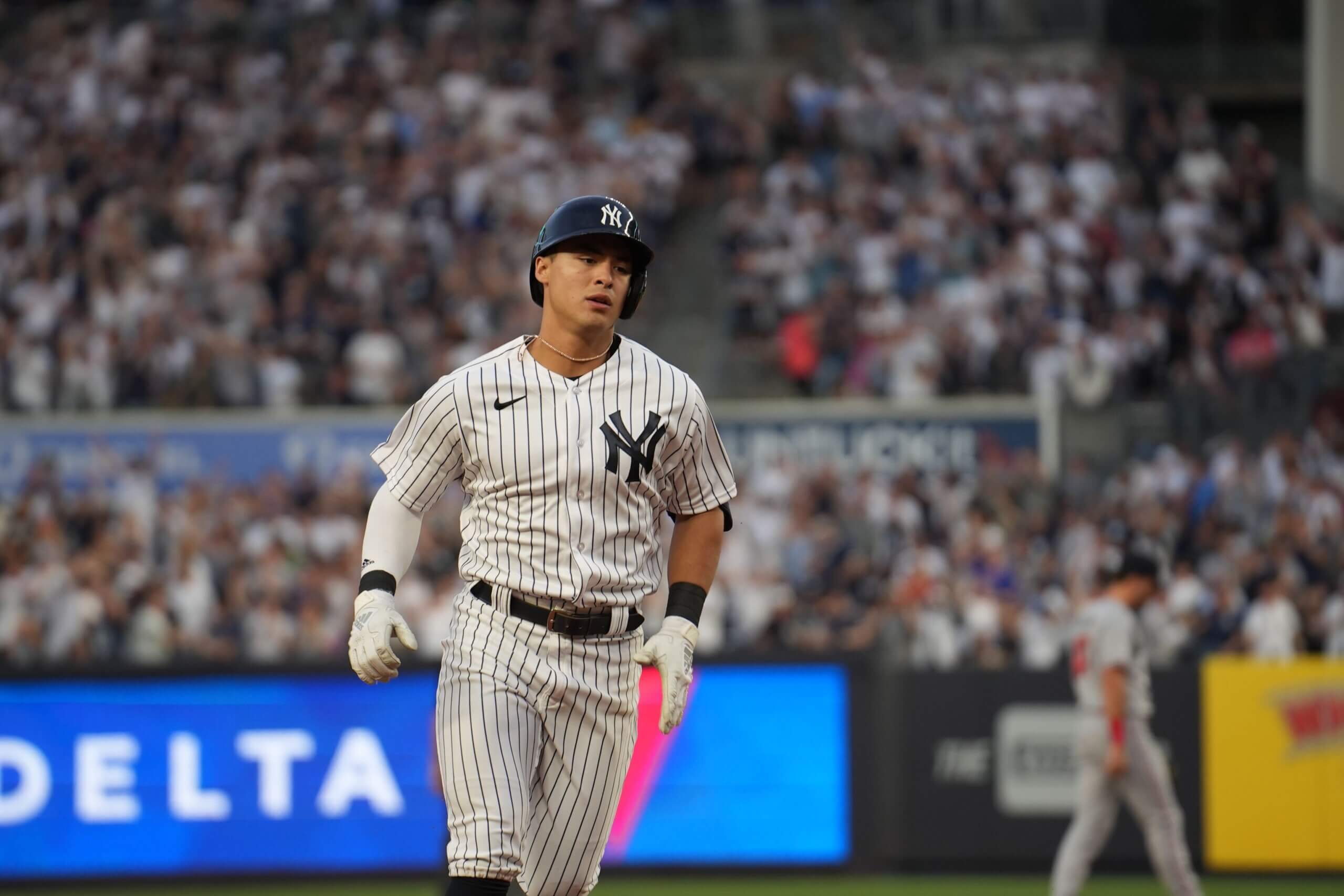 Yankees rookie Anthony Volpe rounds the bases after hitting his first career home run in the majors on April 14, 2023.