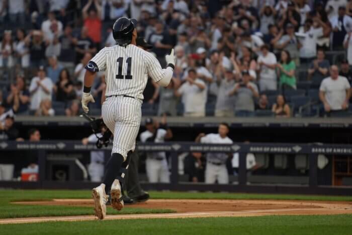 Yankees rookie Anthony Volpe celebrates his first career major league home run on April 14, 2023.
