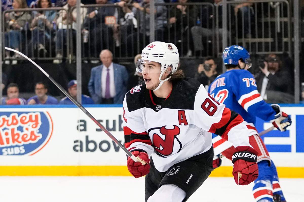 New Jersey Devils' Jack Hughes (86) celebrates after scoring a goal during the first period of Game 4 of an NHL hockey Stanley Cup first-round playoff series against the New York Rangers, Monday, April 24, 2023, in New York.