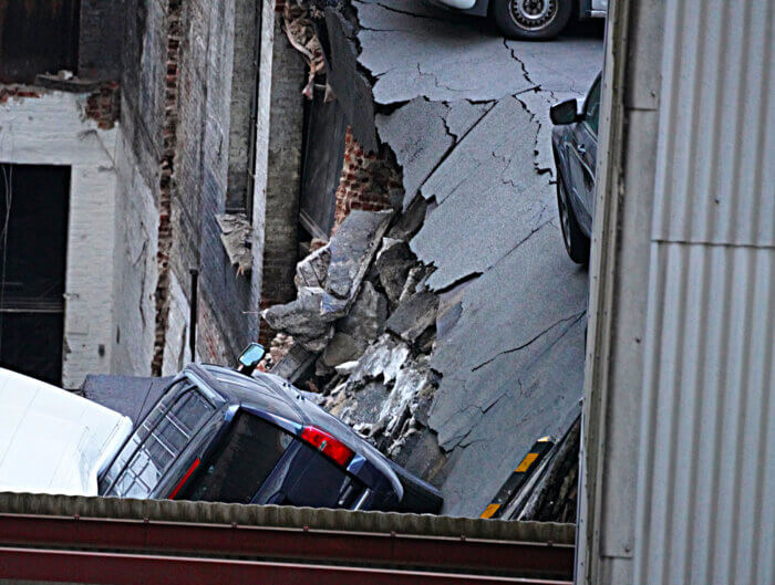 Roof of parking garage collapsed in Lower Manhattan.