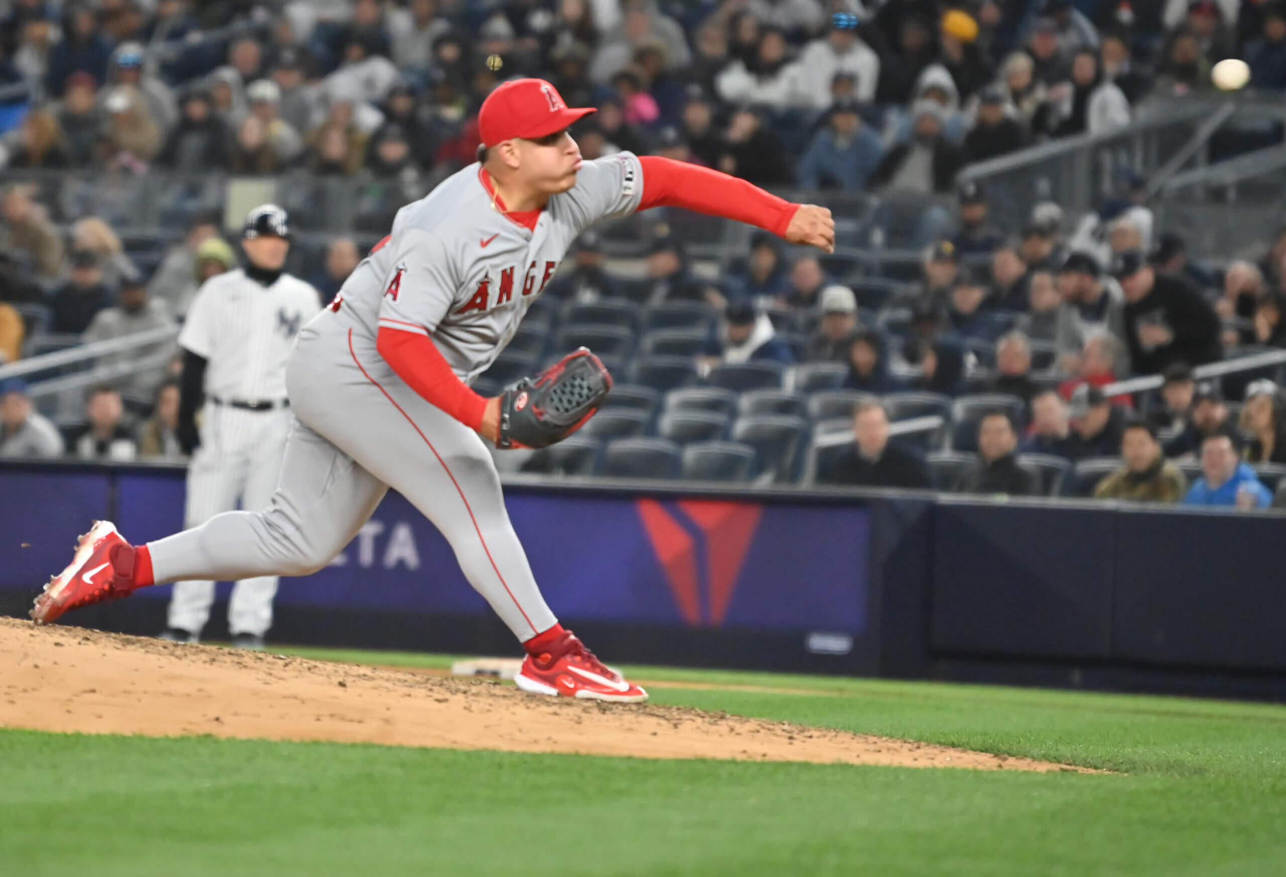 Los Angeles Angels pitcher José Suarez throws from the mound at Yankee Stadium on April 18, 2023.