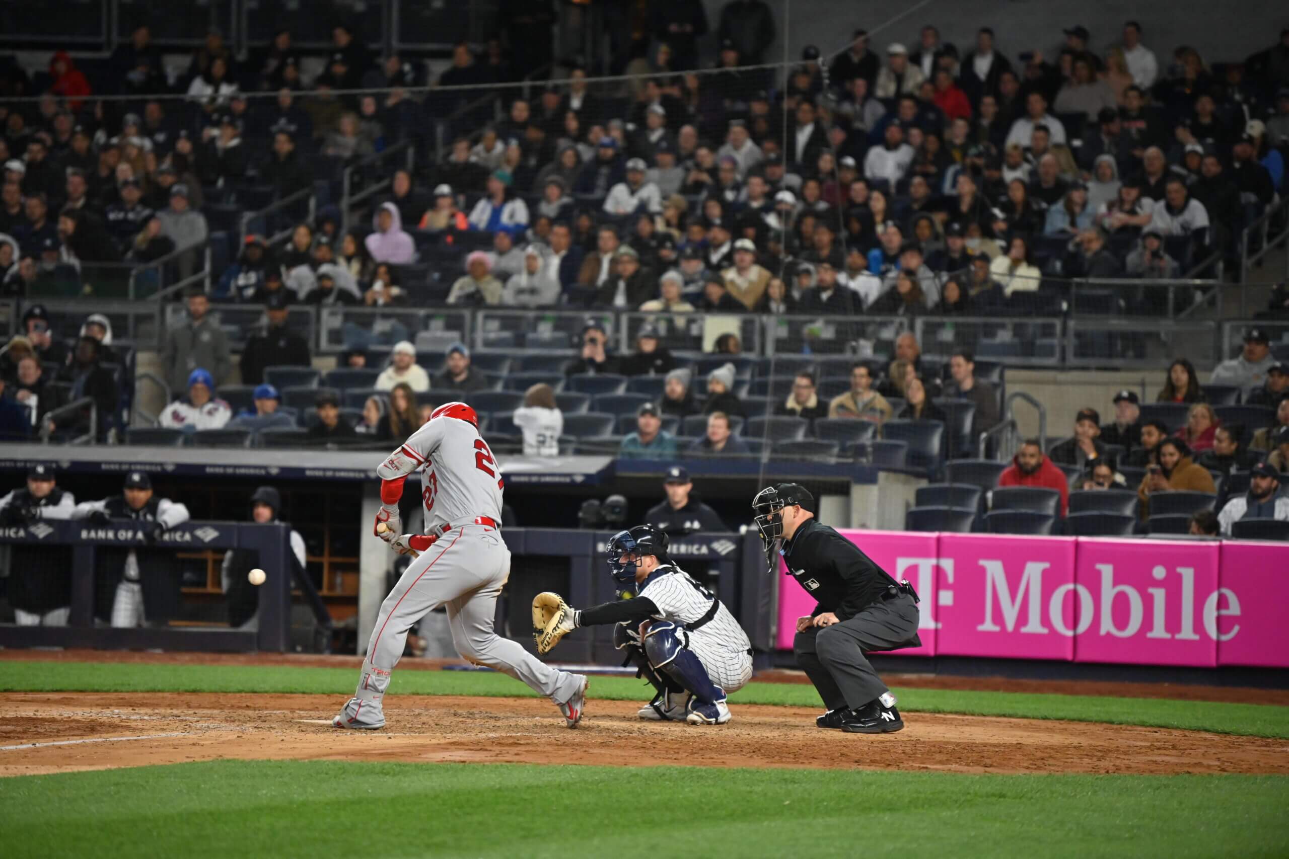 Los Angeles Angels outfielder Mike Trout at the plate during a game between the Yankees and Angels at Yankee Stadium on April 18, 2023.