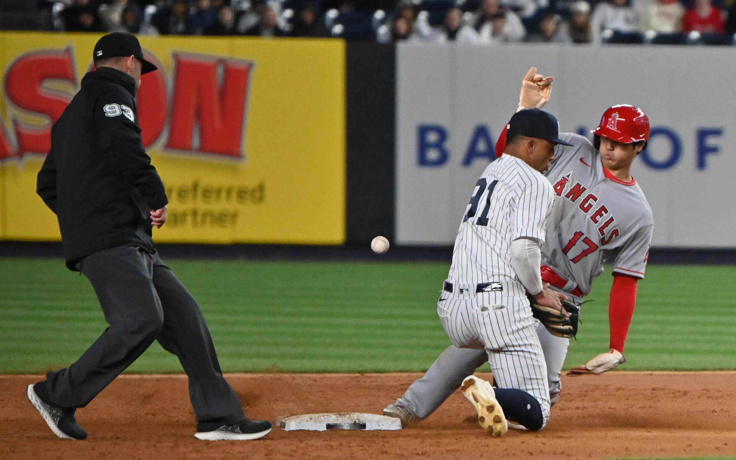 Los Angeles Angels' star Shohei Ohtani steals second base during a game between the Yankees and Angels on April 18, 2023.