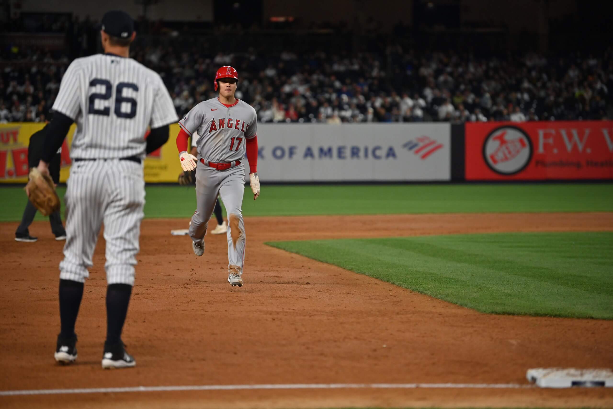 Los Angeles Angels' star Shohei Ohtani running the bases during a game between the Yankees and Angels on April 18, 2023.