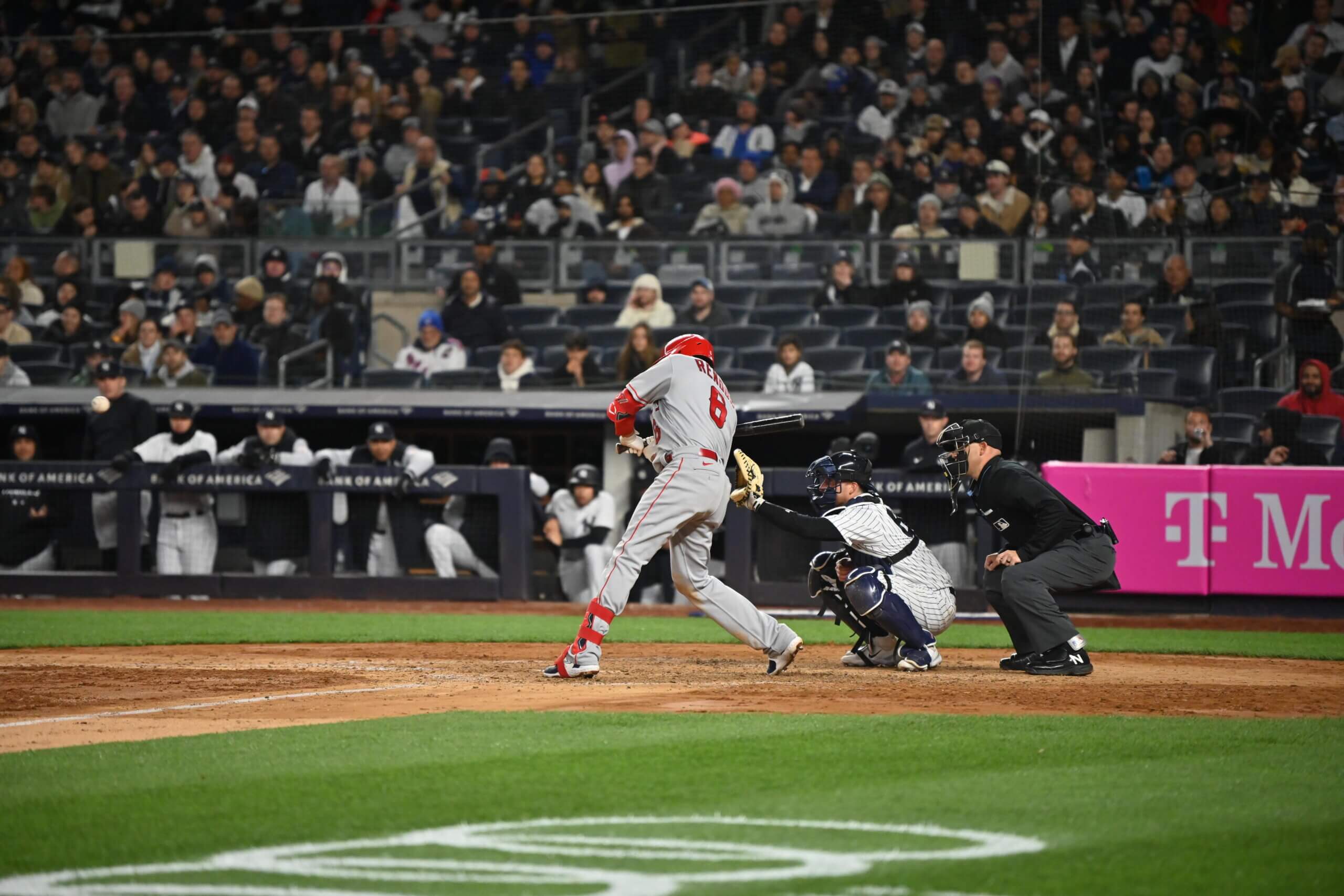 Los Angeles Angels' outfielder Brett Phillips at the plate during a game between the Yankees and Angels at Yankee Stadium on April 18, 2023.