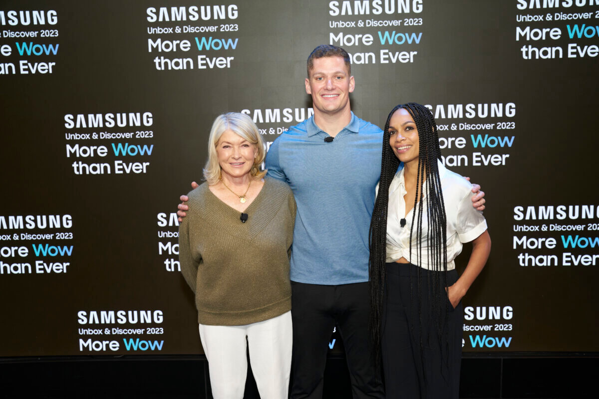 Martha Stewart, Carl Nassib and Rosario Dawson at the Samsung "Unbox & Discover" event in the Samsung experience store in the Meatpacking District.