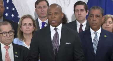 Mayor Eric Adams and Congress Members speak at press conference denouncing House Judiciary Committee "sham hearing"