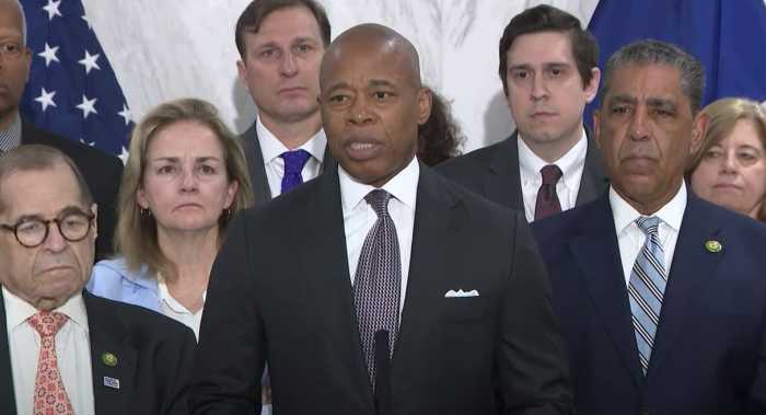 Mayor Eric Adams and Congress Members speak at press conference denouncing House Judiciary Committee "sham hearing"
