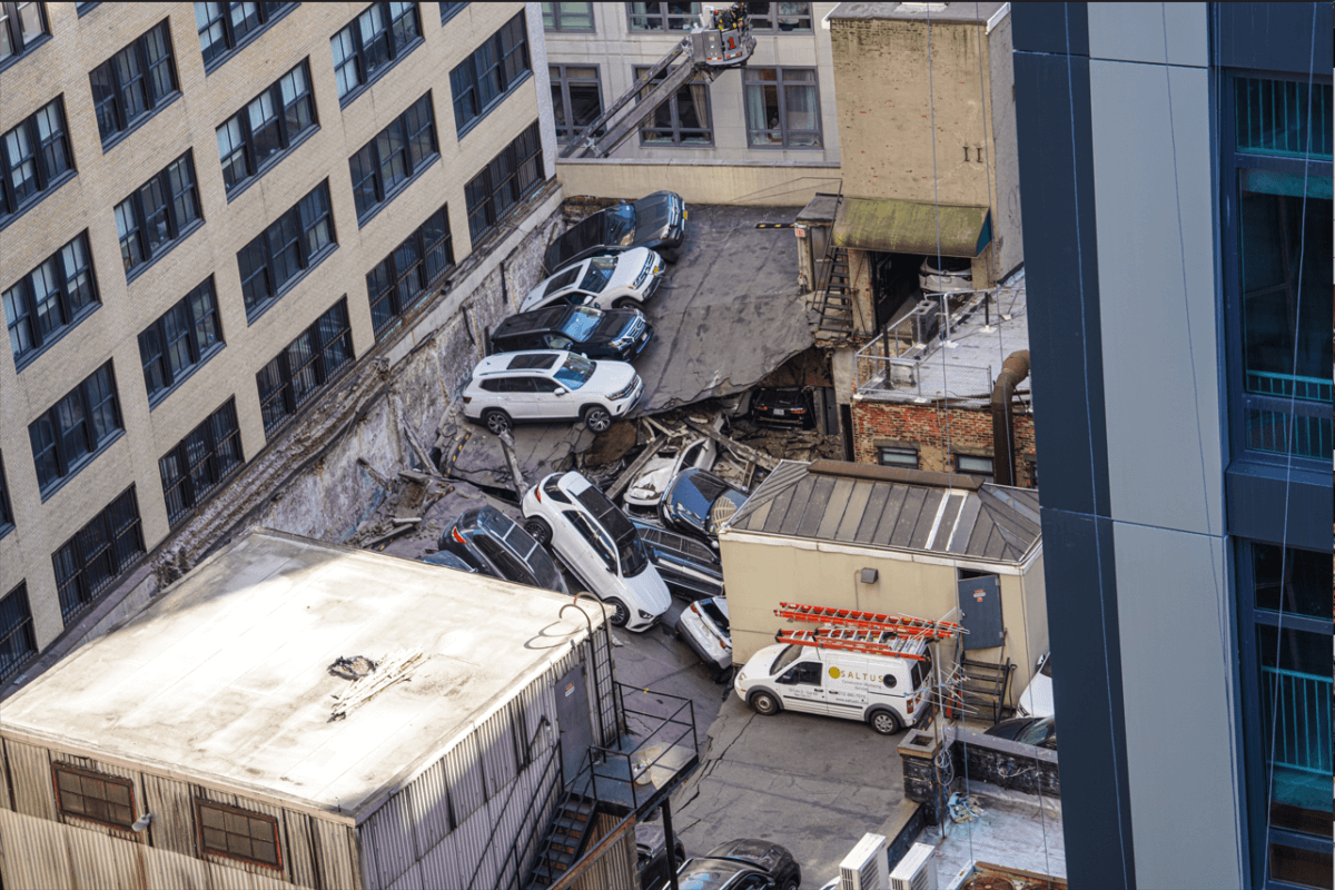Roof of parking garage collapsed in Lower Manhattan.