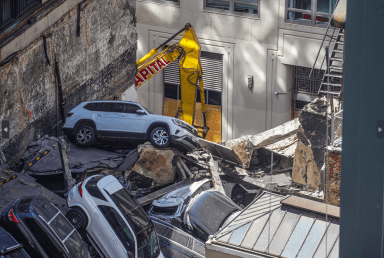 The collapsed roof of the garage at 57 Ann Street.