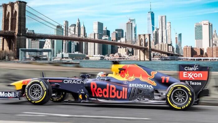 a rendering of an F1 car in New York City