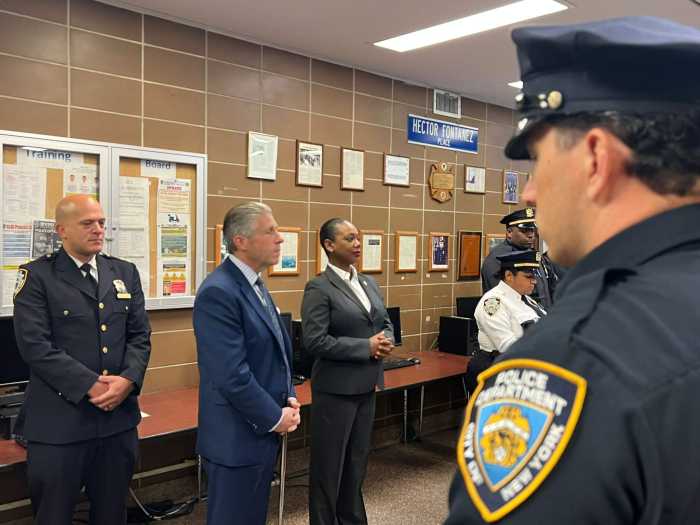 Police Commissioner Keechant Sewell and PBA President Patrick Lynch attended the roll out for the first 10/12-hour shift rotation at the 47th Precinct.