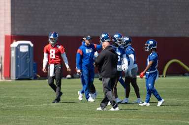 Daniel Jones and Brian Daboll at Giants OTAs