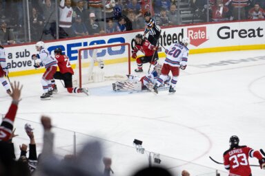 Michael McLeod celebrates a shorthanded goal in the second period that put the Devils ahead 2-0 against the Rangers in Game 7 of the first round of the Stanley Cup Playoffs on May 1, 2023.