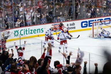 Devils' forward Tomas Tatar celebrates his second period goal against the Rangers in Game 7 of the first round of the Stanley Cup Playoffs on May 1, 2023.